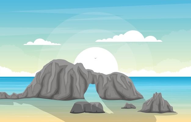 Vector beautiful sea panorama beach coast bay ocean landscape illustration