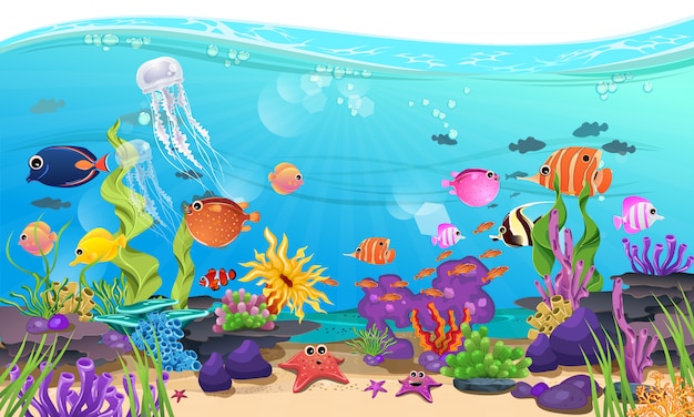 Vector beautiful sea with coral, reef, and fish