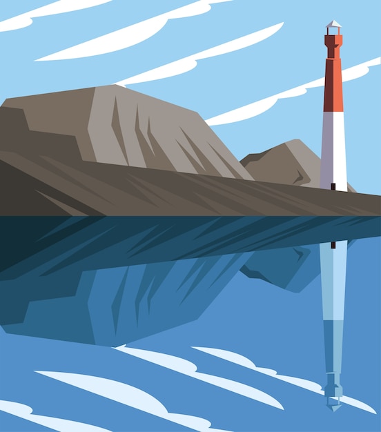 Beautiful seacape scene with rocks and lighthouse vector illustration design