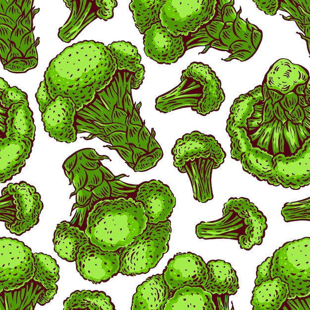 Beautiful seamless background of a different colorful broccoli. hand-drawn illustration