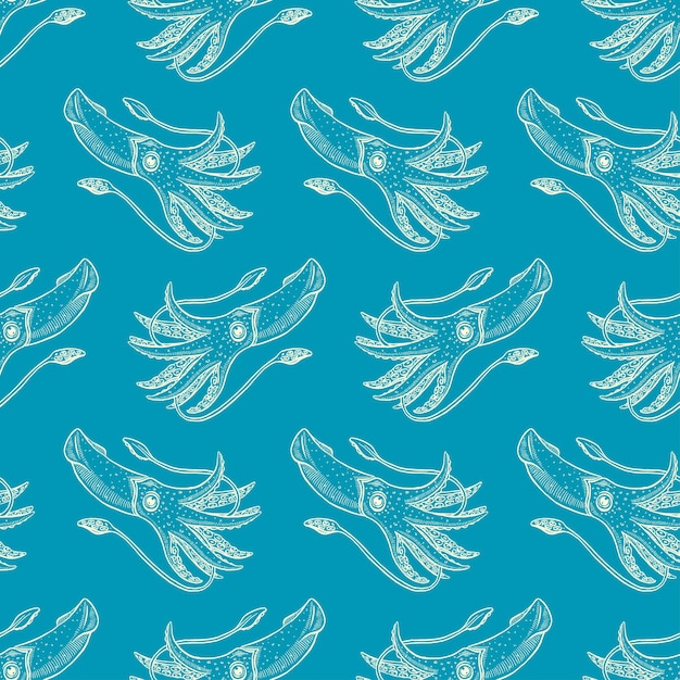 Vector beautiful seamless background of sketch squids on a blue background. hand drawn illustration