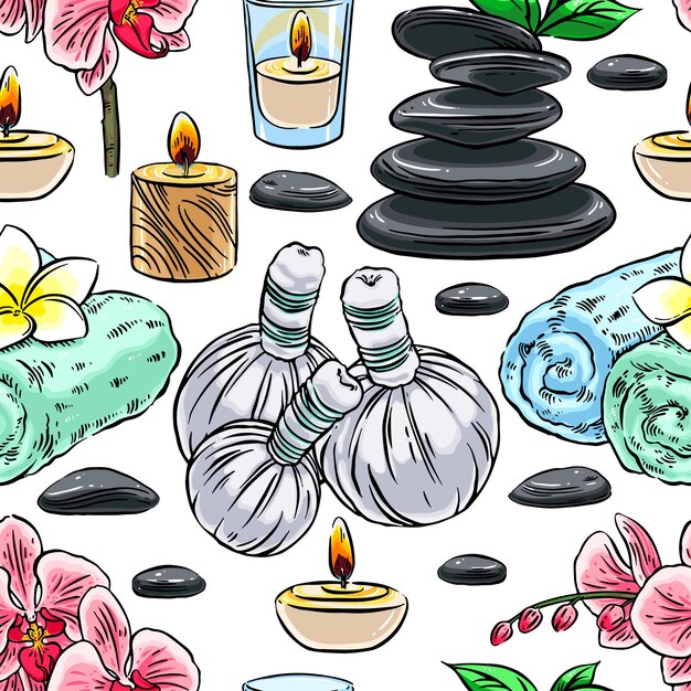 Beautiful seamless background of spa accessories. hand-drawn illustration