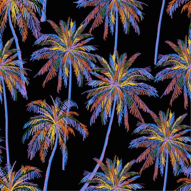 Beautiful seamless island pattern on black background. landscape with colorful neon color palm