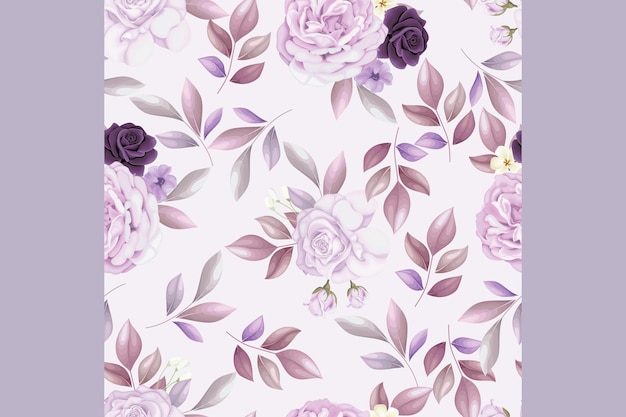 Красивый бесшовный узор красивый фиолетовый цветок и листья Premium векторы