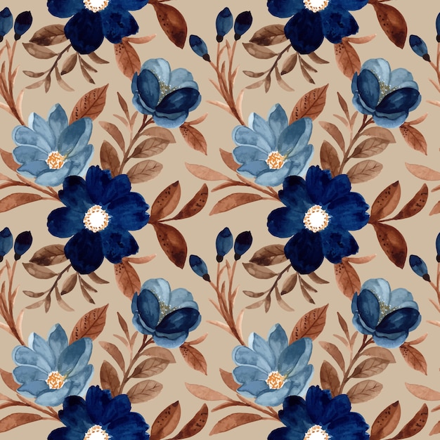 Beautiful seamless pattern blue flower and brown leaves with watercolor