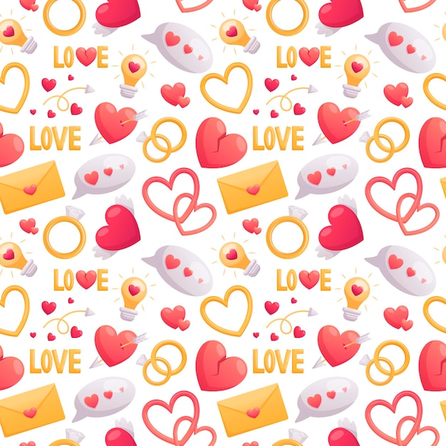 Beautiful seamless pattern of cartoon volumetric icons for valentines day