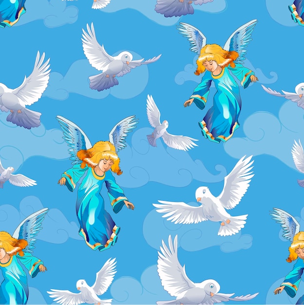 Beautiful seamless pattern. Valentines day card with birds and angels. Pigeons, clouds and girl with blondie hair isolated on white background. Vector illustration.