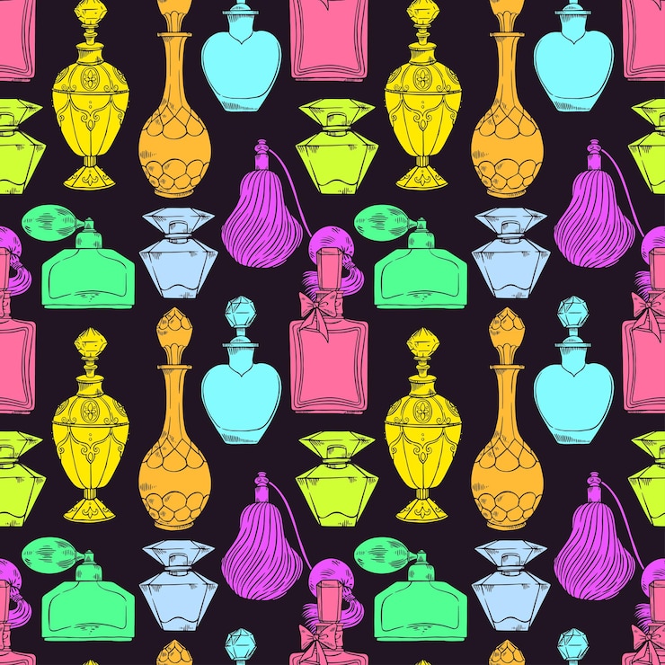 Vector beautiful seamless pattern of a variety of womens colorful perfume bottles on dark background. hand-drawn illustration