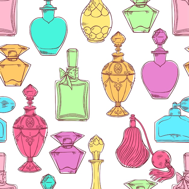 Beautiful seamless pattern of a variety of womens colorful perfume bottles. hand-drawn illustration