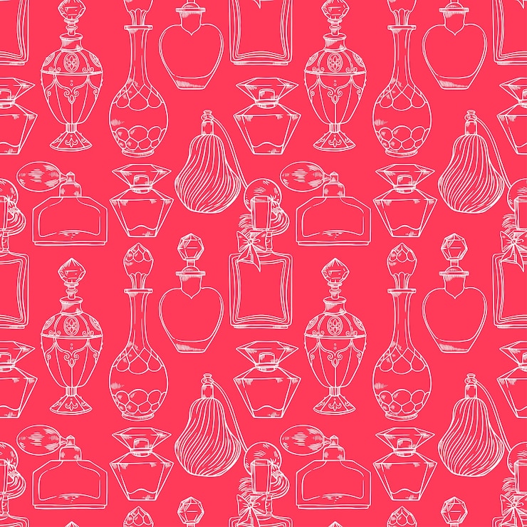 Vector beautiful seamless pattern of a variety of womens perfume bottles. hand-drawn illustration