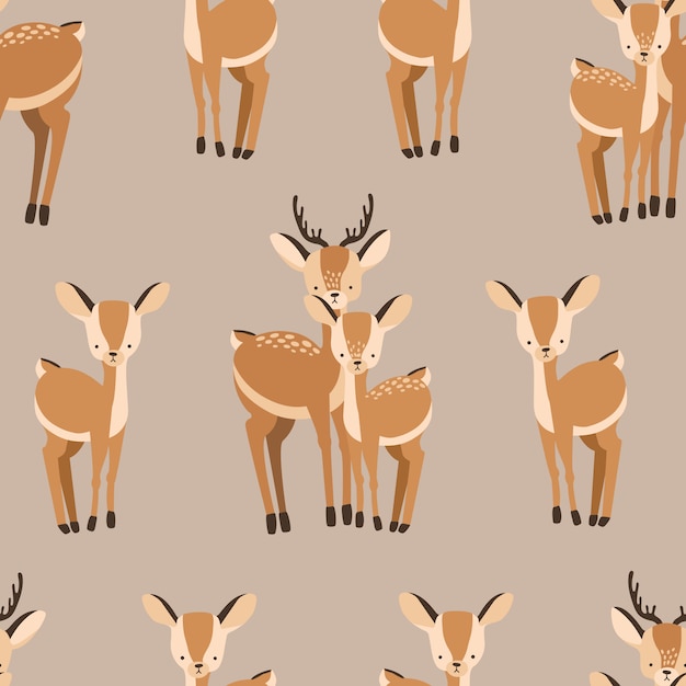 Beautiful seamless pattern with adult and baby deers on brown background.