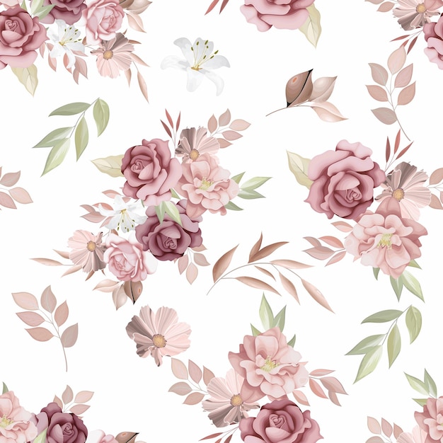 Beautiful seamless pattern with flowers and leaves