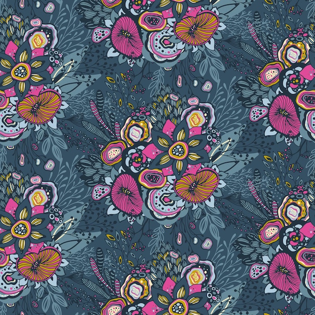 Beautiful seamless pattern with hand drawn floral fantasy nature motif, flowers, plants, branches. colorful endless vector background.