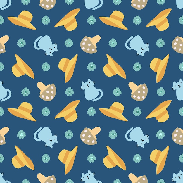 벡터 아이콘과 디자인 요소가 있는 아름다운 매끄러운 패턴 귀여운 동물과 버섯