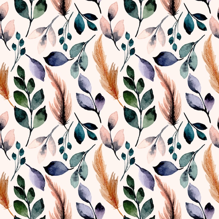 Vector beautiful seamless pattern with leaves and feather watercolor