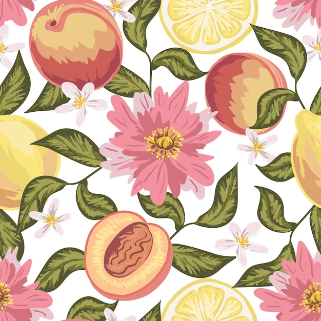 Красивый фон с персиком, лимоном, цветами и листьями. красочные рисованной обои.