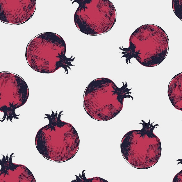 Beautiful seamless pattern with red pomegranates hand drawn in elegant antique style.