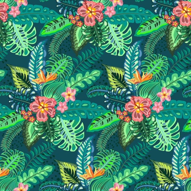 Beautiful seamless pattern with ropical jungle palm leaves, exotic flowers. Colorful nature floral endless background