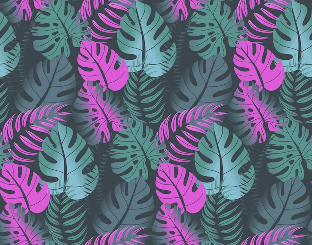 Beautiful seamless pattern with ropical jungle palm monstera leaves Colorful nature floral endless background