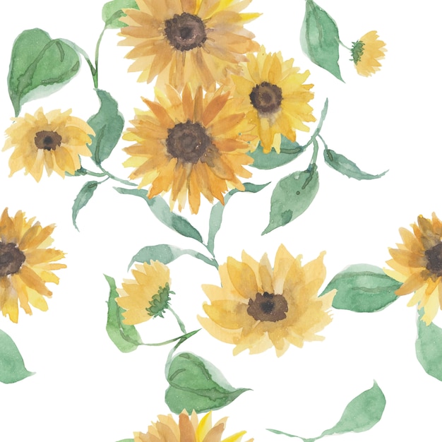 Beautiful seamless pattern with sunflowers and leaf on white.