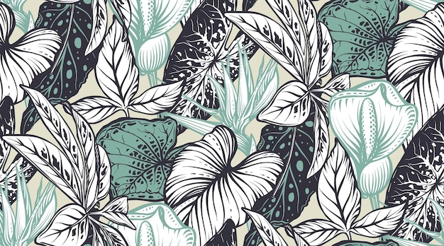 Beautiful seamless pattern with tropical flowers jungle palm monstera banana leaves