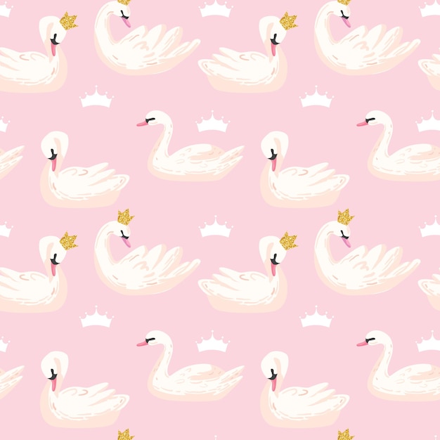 Vector beautiful seamless pattern with white swans and crowns, use for baby background, textile prints, covers, wallpaper, posters. vector illustration