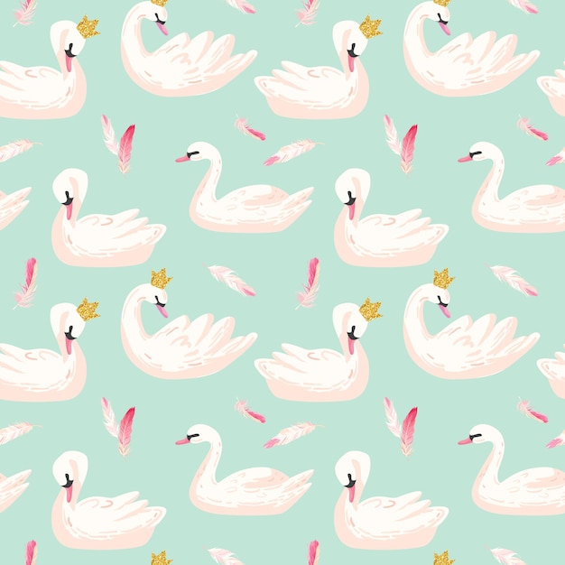 Premium Vector | Beautiful seamless pattern with white swans and pink feathers, use for baby background, textile prints, covers, wallpaper, posters. vector illustration Premium Vector | Beautiful seamless pattern with white swans and pink feathers, use for baby background, textile prints, covers, wallpaper, posters. vector illustration