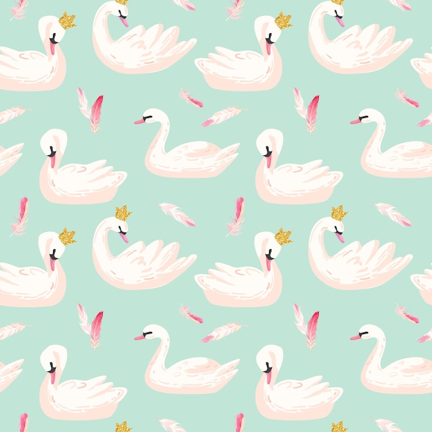 Vector beautiful seamless pattern with white swans and pink feathers, use for baby background, textile prints, covers, wallpaper, posters. vector illustration