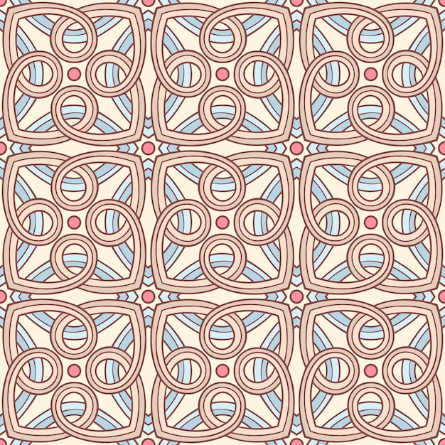 Beautiful seamless retro background with blue beige and brown abstract pattern and pink circles
