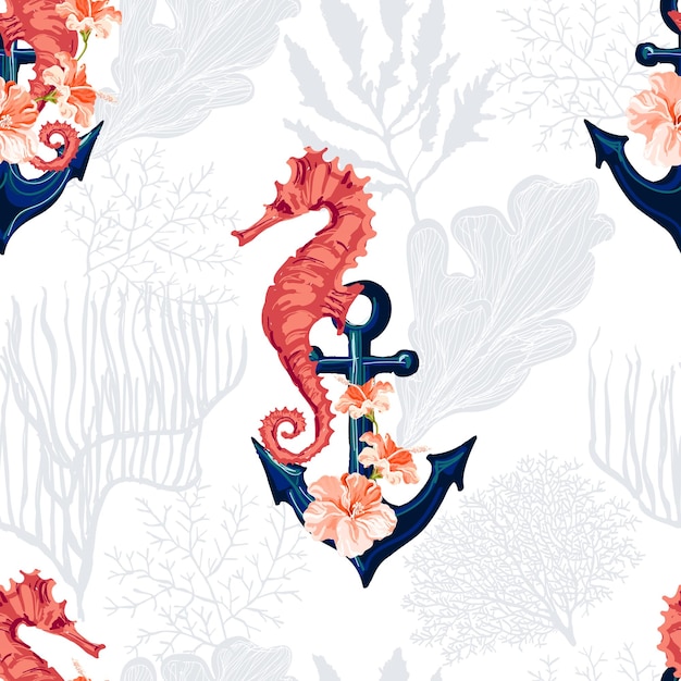 Vector beautiful seamless tropical pattern with anchor hibiscuscorals sea horse abstract geometric texture