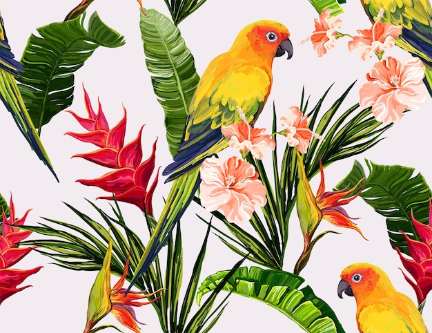 Вектор Красивый бесшовный векторный цветочный летний узор фона с тропическими пальмовыми листьями, попугаем ара, геликонией, райской птицей, гибискусом. идеально подходит для обоев, фонов веб-страниц, текстур поверхности,