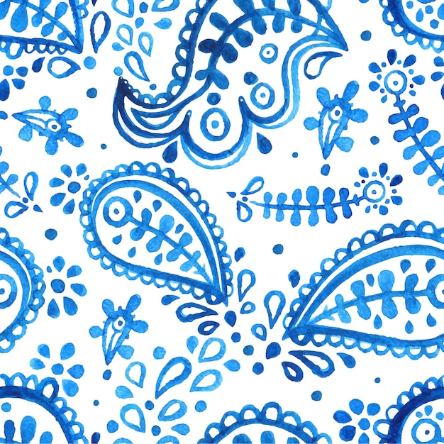 Beautiful seamless watercolor white and blue floral background. paisley pattern.