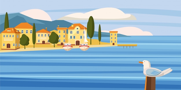 Vettore bella vista sul mare, città del sud sul mare, case, cartoni animati, barche