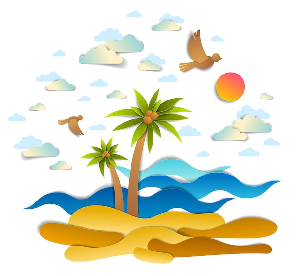 Красивый морской пейзаж с морскими волнами, пляжем и пальмами, птицами, облаками и солнцем в небе, векторная иллюстрация в стиле вырезки из бумаги, тема летнего пляжного отдыха на берегу моря.