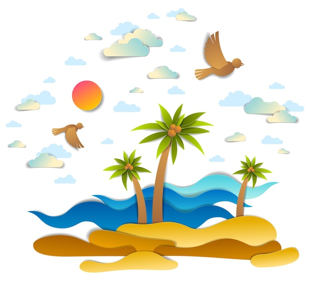 Beautiful seascape with sea waves, beach and palms, birds clouds and sun in the sky, vector illustration in paper cut style, seashore summer beach holidays theme.