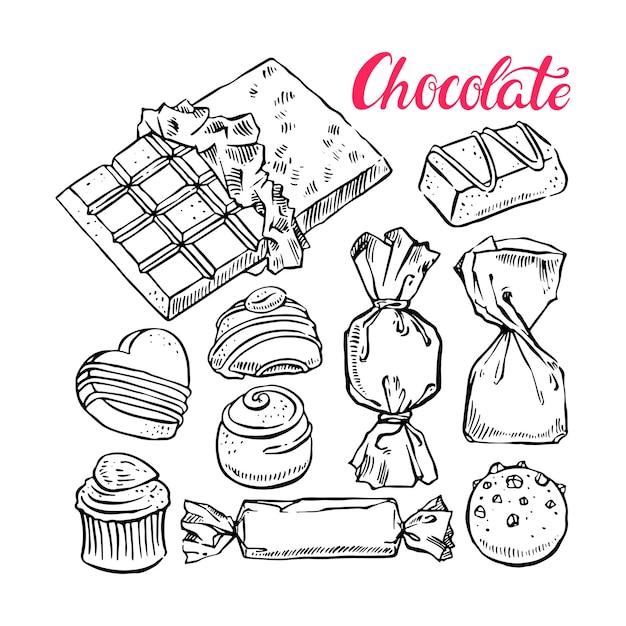 Vector beautiful set of different sketch chocolate candies. hand-drawn illustration