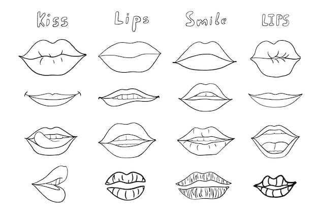 Vector beautiful set of female lips in doodle style kiss smile pout lips lips silhouette mouth