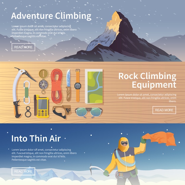 Vector beautiful set of flat web banners on the theme of climbing