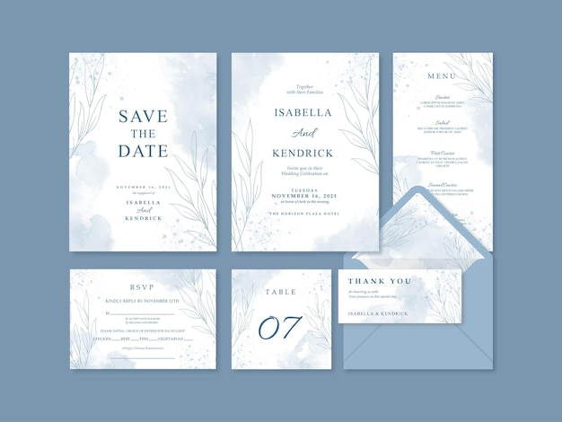 Vector beautiful set of wedding invitation template with grey watercolor