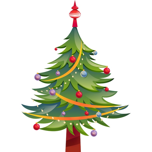 美しい輝くクリスマスツリーに装飾されたボール ⁇ 花束 ⁇ 電球 ⁇ 漫画のベクトルイラスト