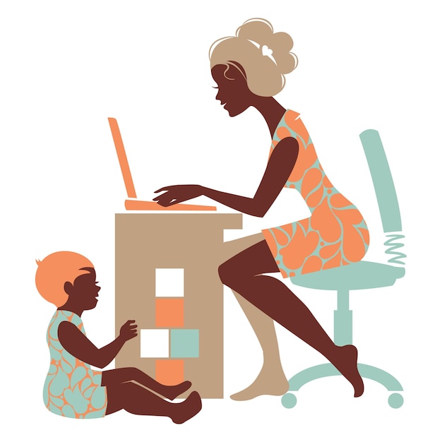 Beautiful silhouette of mother – freelancer with notebook and baby playing with toys