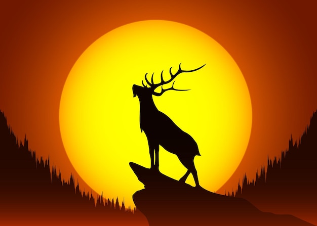 Vector beautiful silhouette of stag or deer with horn  standing on the rock with sunset in the back