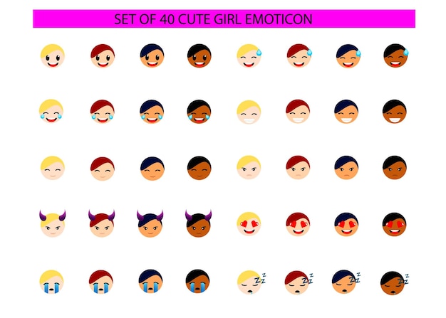 Beautiful simple cute cartoon emoticon emoji girl or woman with various skin and hair color vector