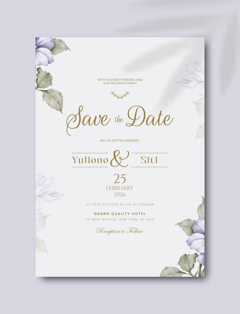 花の水彩のプレミアムベクトルで美しいシングル結婚式の招待状