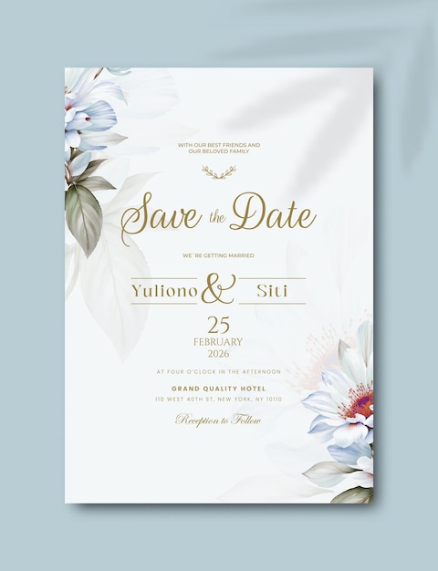 Vector beautiful single wedding invitation with floral watercolor premium vector