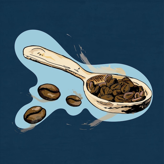 Vector beautiful sketch of coffee beans in colored wooden spoon hand drawn style