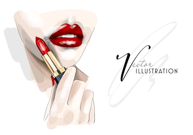 Vector a beautiful sketch of red lips and a beautiful smile