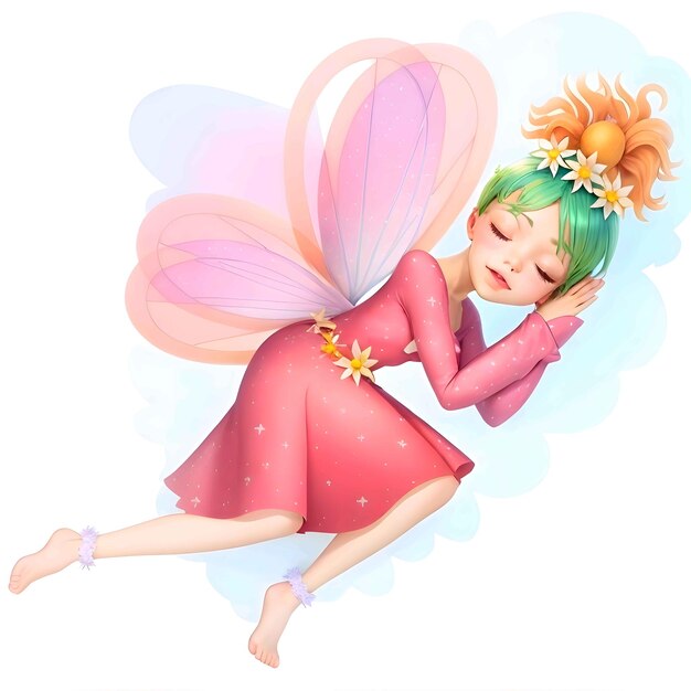 Vector beautiful sleeping fairy in pink dress