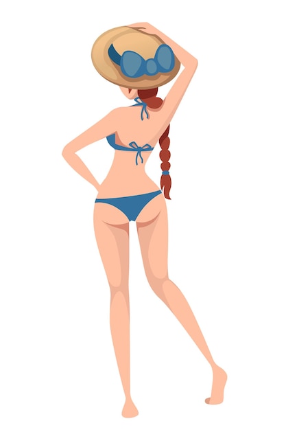 Beautiful slender women in swimsuit with hat back view cartoon character design illustration.