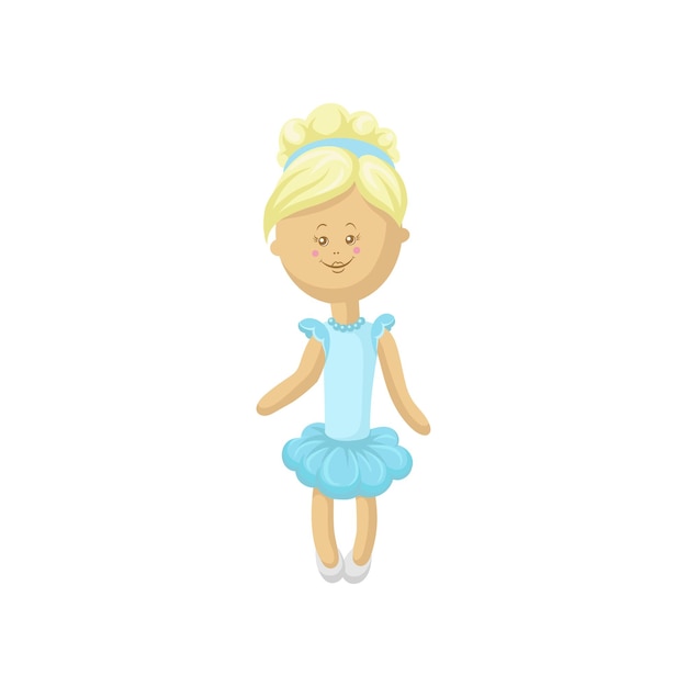 Вектор Красивая улыбающаяся блондинка мягкая кукла в светло-голубом платье, шьющая игрушку, мультяшный вектор иллюстрация на белом фоне